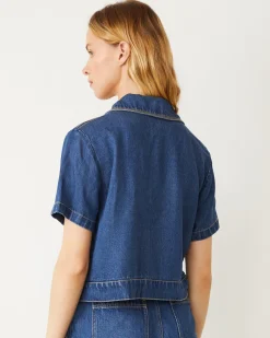 MONROW Soft Denim Short Sleeve Shirt MEDIUMWASH New